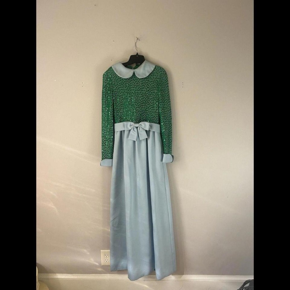 Vintage 1970s Mollie Parnis‎ Blue & Green Sequin Long Sleeve Evening Gown Dress